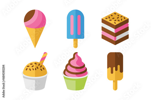 Ice cream and frozen dessert icons with summer treat design, popsicle and cone illustration, soft serve and sorbet graphics, frozen dessert vector set