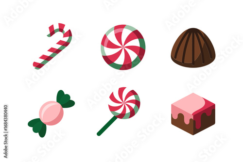 Candy and sweet icons with confectionery design, lollipop and wrapped candy illustration, chocolate bonbon and truffle graphics, festive candy vector set