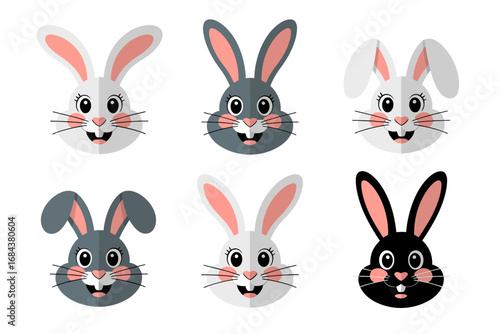 Cute rabbit face icons with kawaii design, bunny head and smiling expression illustration, ear and whisker character graphics, adorable animal vector set