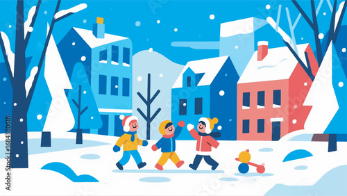 Illustration of Children Playing in the Snow with Winter Background Design Template