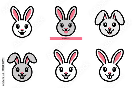 Cartoon bunny emoticon icons with playful design, rabbit face and wink illustration, sticker style and pet character graphics, whimsical animal vector set