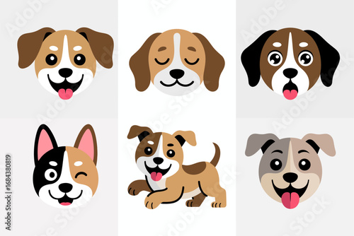 Funny puppy face illustration with cute dog design, cartoon pet and friendly graphics, domestic animal and adorable art, playful vector set