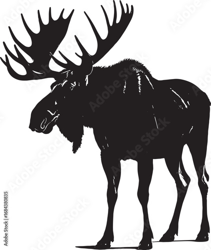 Majestic Moose Silhouette with Large Antlers Standing Proudly in Black and White Vector Illustration
