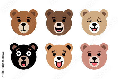 Funny bear faces illustration with cartoon animal design, adorable teddy head and playful graphics, wildlife vector set