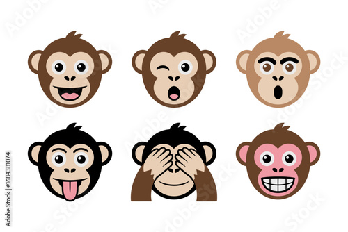 Cute monkey emoji faces with jungle animal design, cartoon expressions and playful graphics, wildlife character vector set