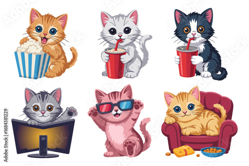 Funny cats with food illustration, cute kitten and dessert design, cartoon pet and playful graphics, adorable art vector set
