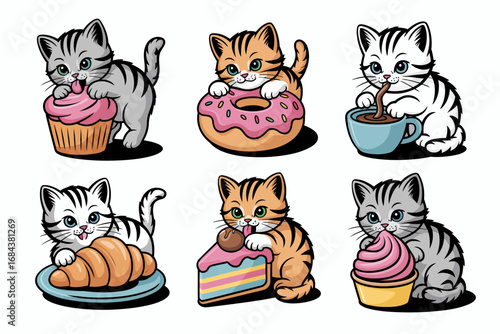 Cute kittens with desserts illustration, cartoon cat and sweet food design, playful graphics and adorable animal art set