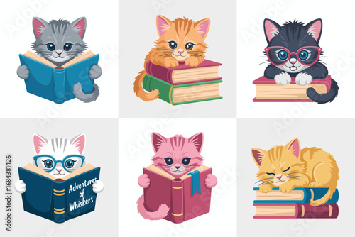 Adorable cats with books illustration cartoon kittens reading design playful pet graphics and cute domestic animal art set