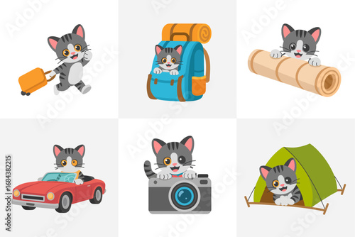 Cartoon kittens traveling with luggage, cute cats camping, playful pets with backpacks, adorable domestic animal illustration