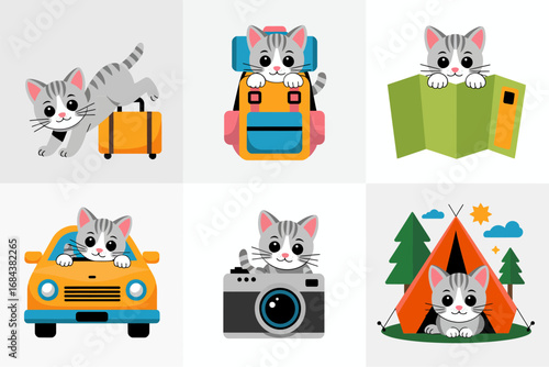 Playful cats with camera and car, cartoon kittens traveling, cute pet adventure with tents, adorable camping design set