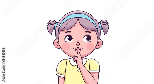 A cute girl with pigtails, holding a finger to her lips, looking thoughtful.