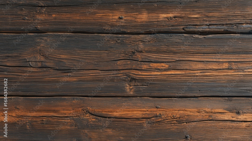 Naklejka premium Close-up view of rustic wooden planks showcasing natural grain patterns and textures in warm tones