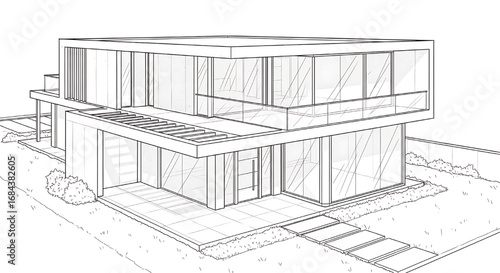 A minimalist line art illustration of a modern house, shown in a simple, 3D perspective view.
