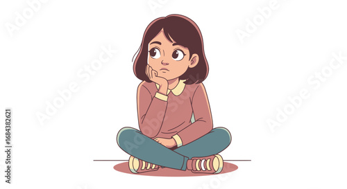 A cute cartoon girl sitting cross-legged on the floor, looking pensive and bored with her hand on her cheek.