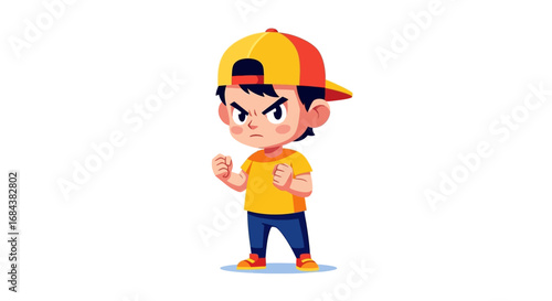 Cartoon illustration of an angry boy with clenched fists, wearing a yellow and red cap and a yellow t-shirt.