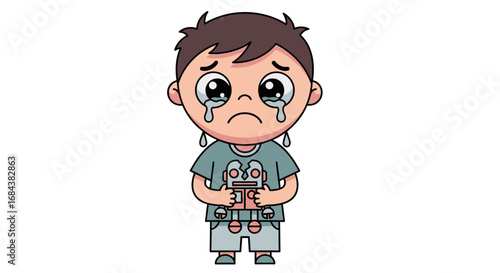 A sad little boy holding dolls.