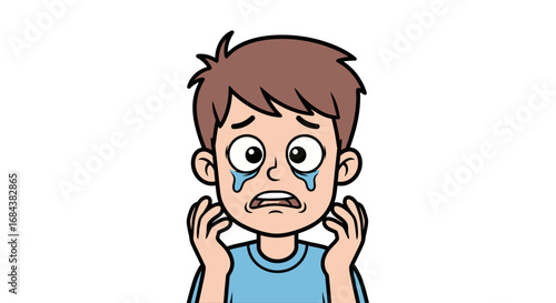 Cartoon illustration of a sad boy crying, hands raised in despair.