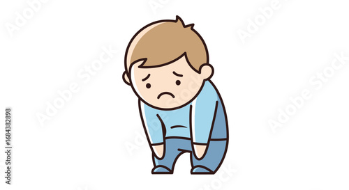 A cute cartoon illustration of a sad and dejected little boy with his head down and shoulders slumped, expressing feelings of sorrow or disappointment.