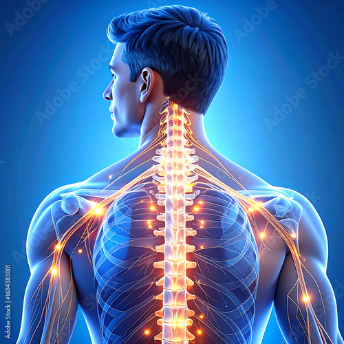 Man back view with illuminated spine and nerve pathways, glowing cervical and thoracic vertebrae highlighting neural pain and medical anatomy