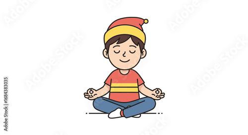 A cartoon illustration of a young boy meditating peacefully in a cross-legged yoga pose, wearing a striped shirt and a sleep cap.