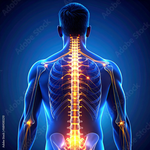 Glowing human spine and nerve network highlighted through translucent back anatomy, medical illustration conveying pain and healing