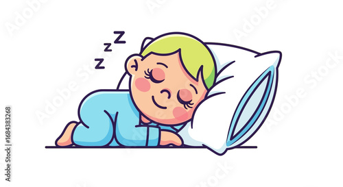 Cartoon illustration of a baby sleeping peacefully on a pillow with Zzz symbols.
