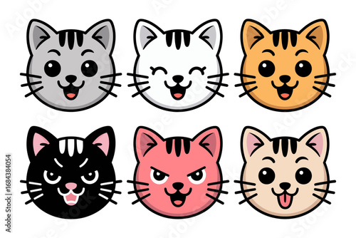 Playful kitten faces illustration set, cartoon cat vector collection, adorable feline expressions, charming pet characters, fun animal graphics, cute furry designs