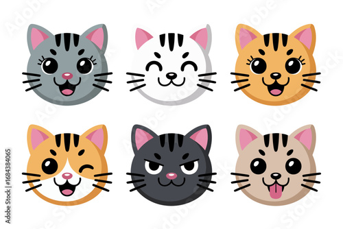 Cute cartoon cat faces vector set, playful kitten expressions, adorable feline illustration, charming pet characters, fun animal art, sweet furry companions
