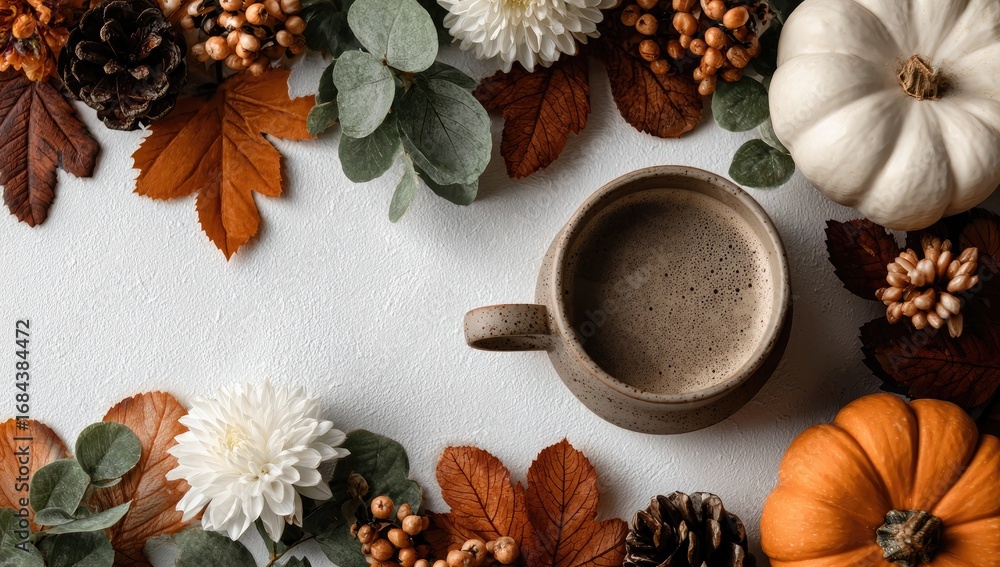 Fototapeta premium Cozy Fall Drink with Pumpkins and Leaves