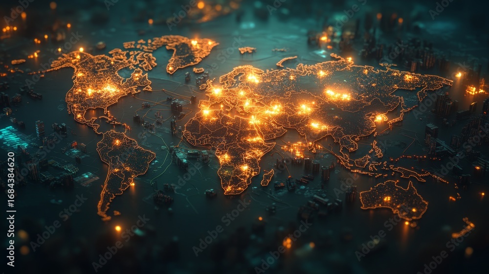 Obraz premium Illuminating global connections a glowing world map with distribution lines digital visualization nighttime environment global perspective