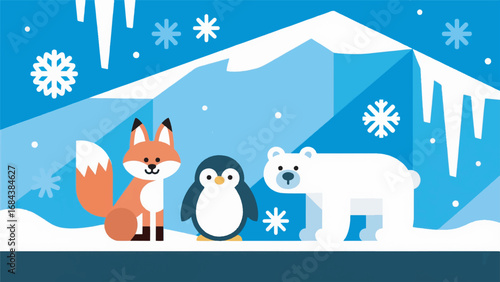 Illustration of Ice Hills with Polar Animals and Arctic Background in Geometric Style Design Template