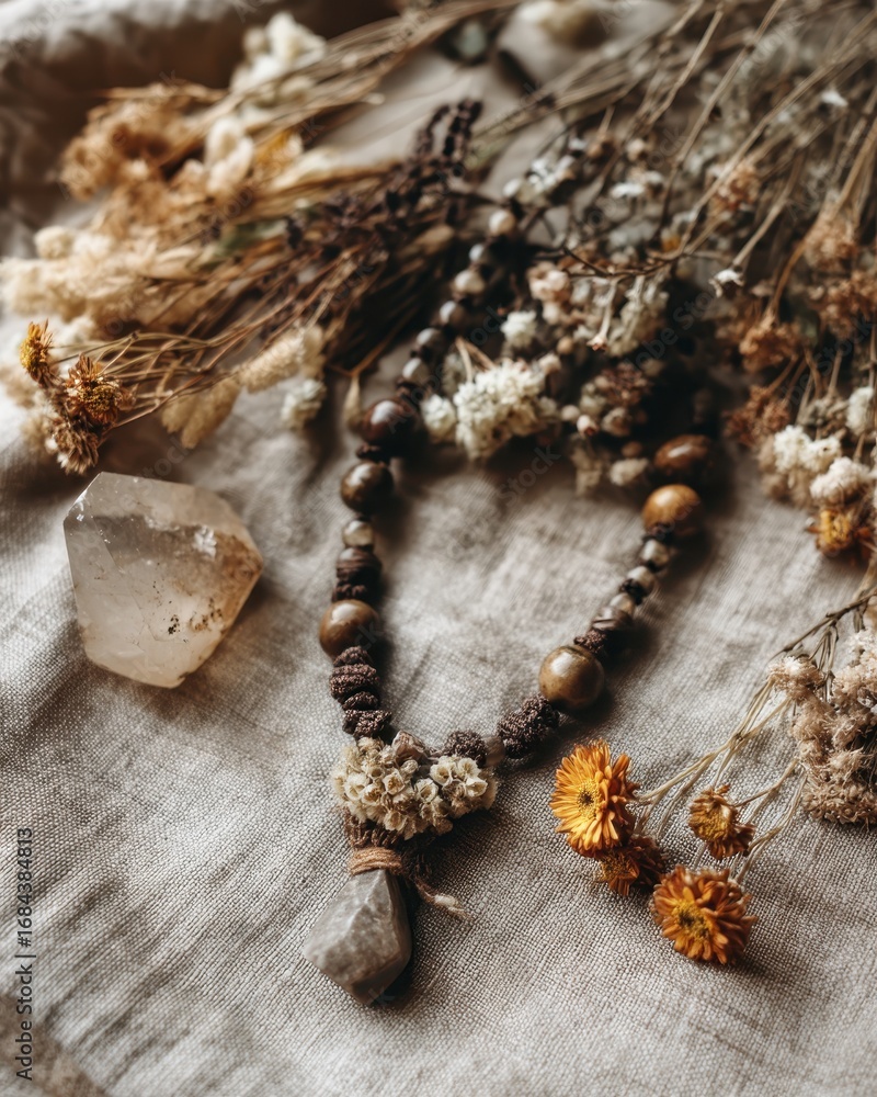 Fototapeta premium Handmade necklace with crystals and dried flowers on linen fabri