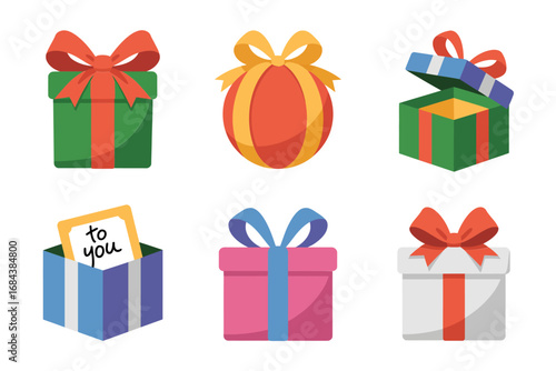 Holiday gift boxes vector set, decorative ribbon bow illustrations, festive Christmas present graphics, cheerful seasonal packaging art, celebration design elements