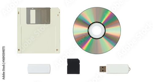 Storage Media Flat Lay on White Background | Floppy Disk, CD, SD Card, USB Drives for Data Backup, Archiving and Information Technology