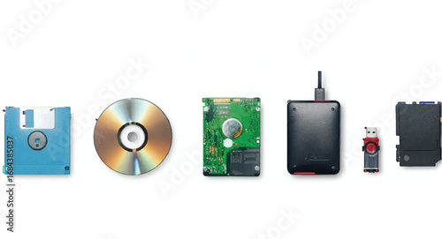 Data Storage Evolution: Floppy Disk, CD-ROM, Hard Drive, External Drive, USB, Memory Card - Digital File Storage Media and Technology