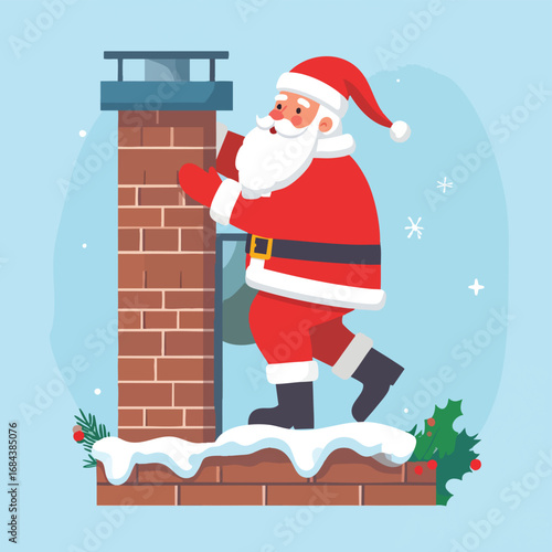 Santa Claus, jolly and red-suited, carefully descends a brick chimney on a snowy rooftop, delivering gifts on Christmas Eve.
