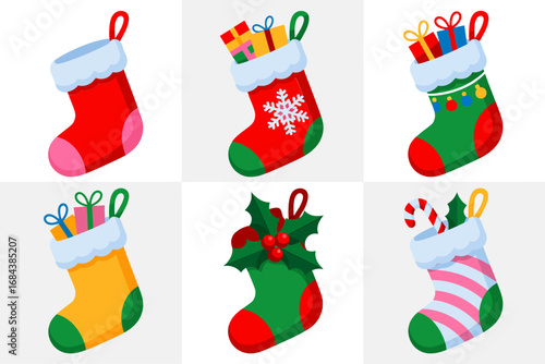 Holiday stockings vector illustration collection, Christmas sock designs with gifts, festive seasonal decoration art, cheerful celebration graphics, winter holiday elements