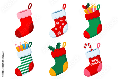 Christmas stockings illustration set, festive sock vector designs with gifts, cheerful holiday decoration art, seasonal celebration graphics, winter festive packaging style