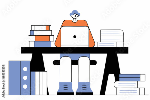 Focused student learning with laptop surrounded by stacks of books, symbolizing knowledge and education.