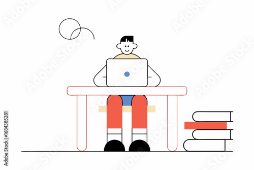 Creative student focused on learning and technology, working diligently at a desk with books nearby, inspiring productivity.