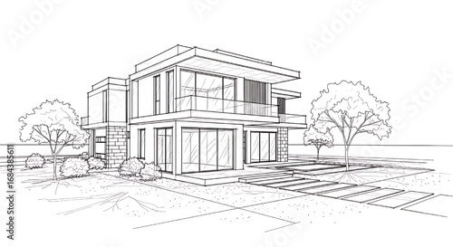 An architectural sketch of a contemporary house with a unique, angular roof design.