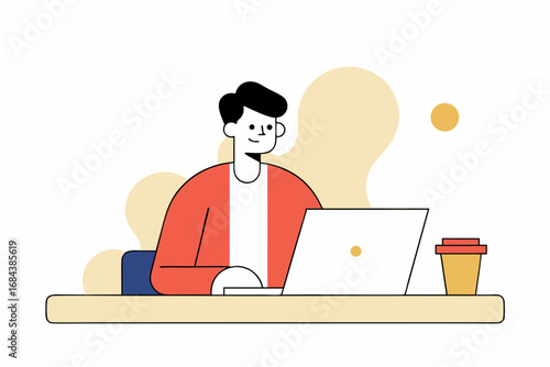 Focused man working remotely with laptop and coffee, embracing modern digital lifestyle and productivity