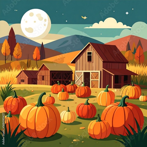 Autumnal farm scene with pumpkins