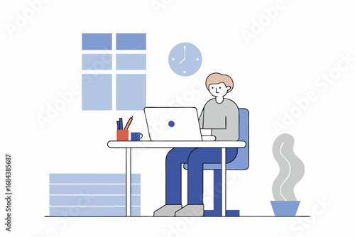 Focused individual working diligently on laptop in a modern, minimalist workspace, promoting productivity and calm.