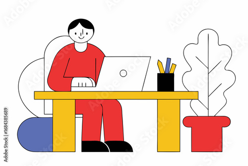 Happy person working diligently on a laptop at a modern desk with plants, conveying productivity and comfort.