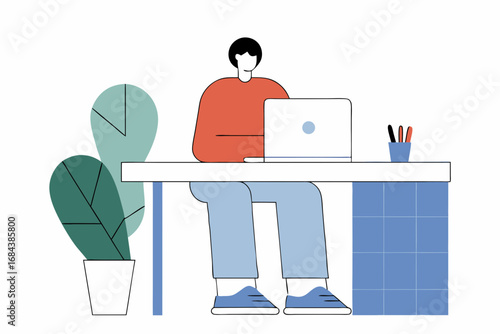 Focused individual working diligently on laptop at a modern, minimalist desk with plants and stationery