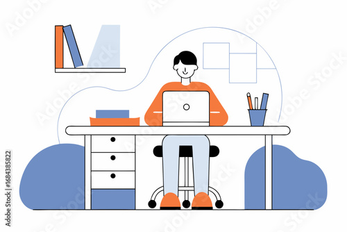 Focused person working diligently at a modern home office desk with laptop and books.
