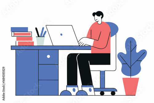 Focused individual working on laptop at desk surrounded by books and office plant, productive atmosphere
