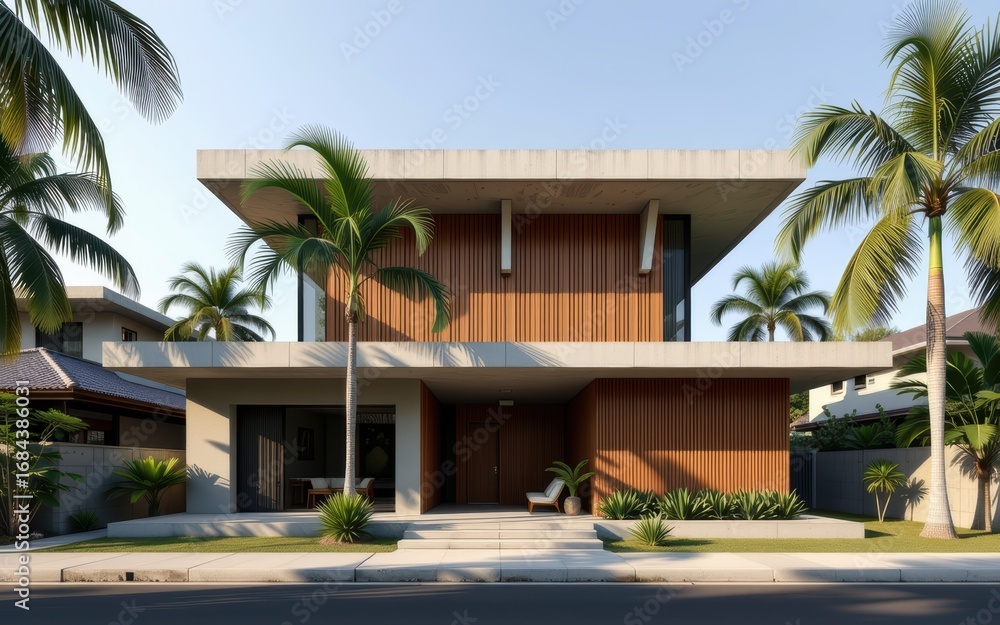 Fototapeta premium Accessory dwelling unit. Modern architectural design featuring palm trees and a spacious exterior.