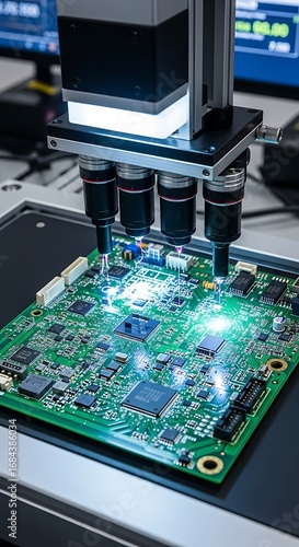 Automated Optical Inspection AOI Machine Inspecting a Green Printed Circuit Board PCB with Electronic Components.